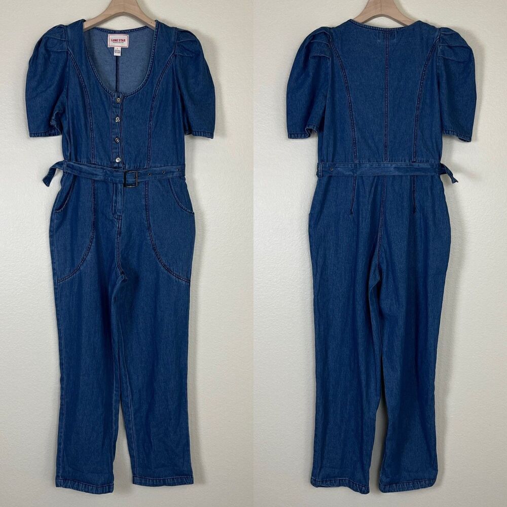 Lone Star Women's Size L Denim Jumpsuit Cotton Puff Sleeve Cropped Retro Vintage